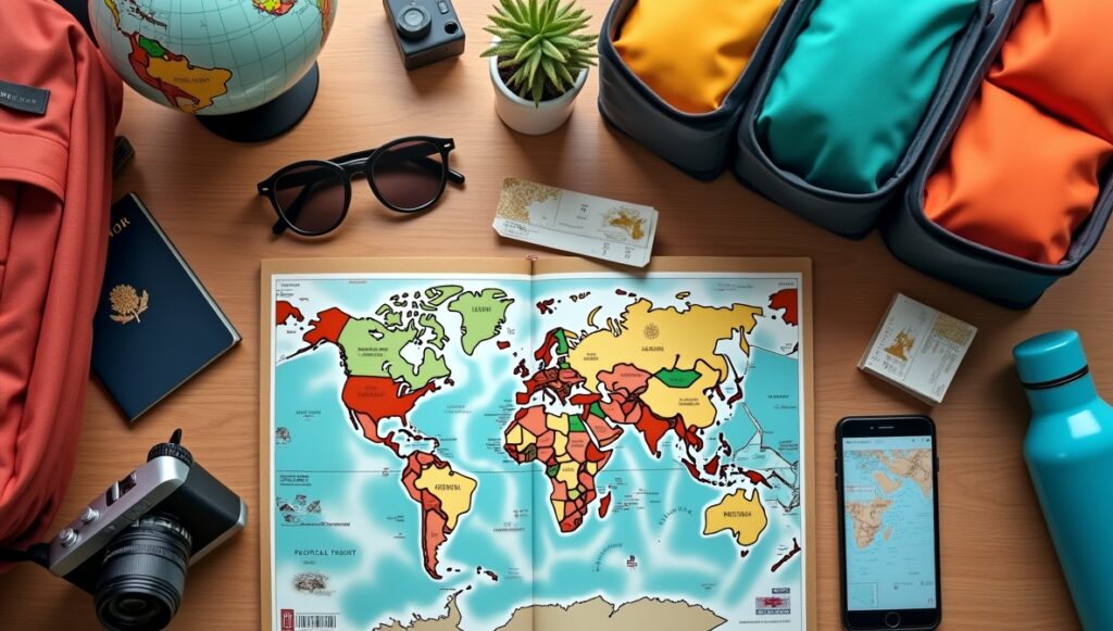Flux Dev A vibrant flatlay scene of travel essentials on a woo 1