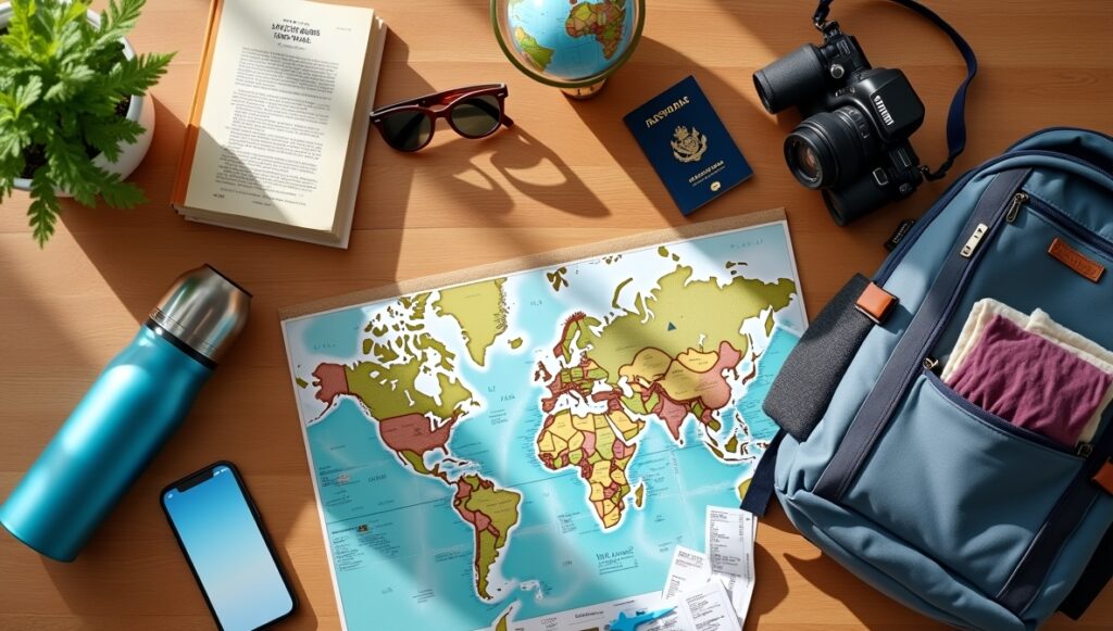 Flux Dev A vibrant flatlay scene of travel essentials on a woo 3