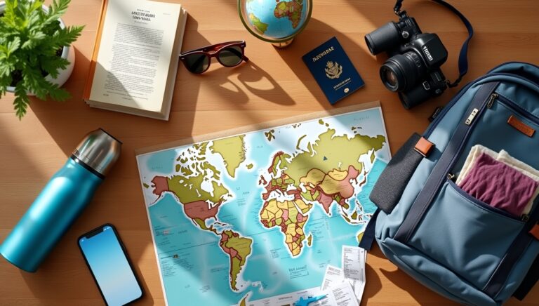Flux_Dev_A_vibrant_flatlay_scene_of_travel_essentials_on_a_woo_3